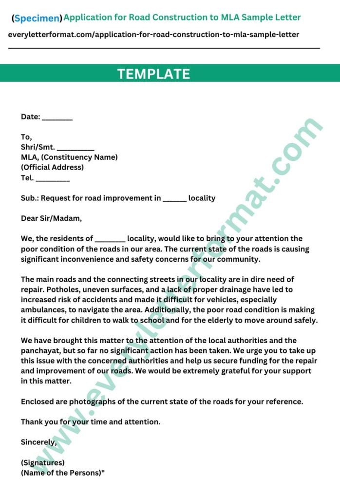 Application for Road Construction to MLA Sample Letter