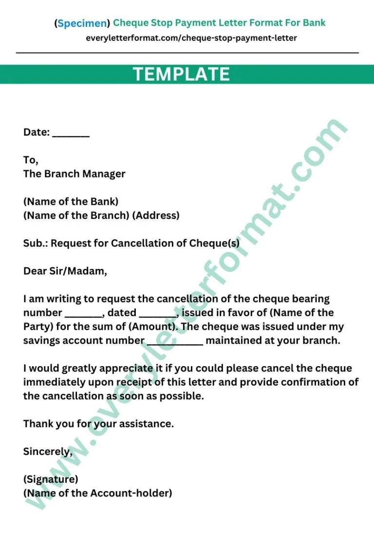 Cheque Stop Payment Letter Format  For Bank