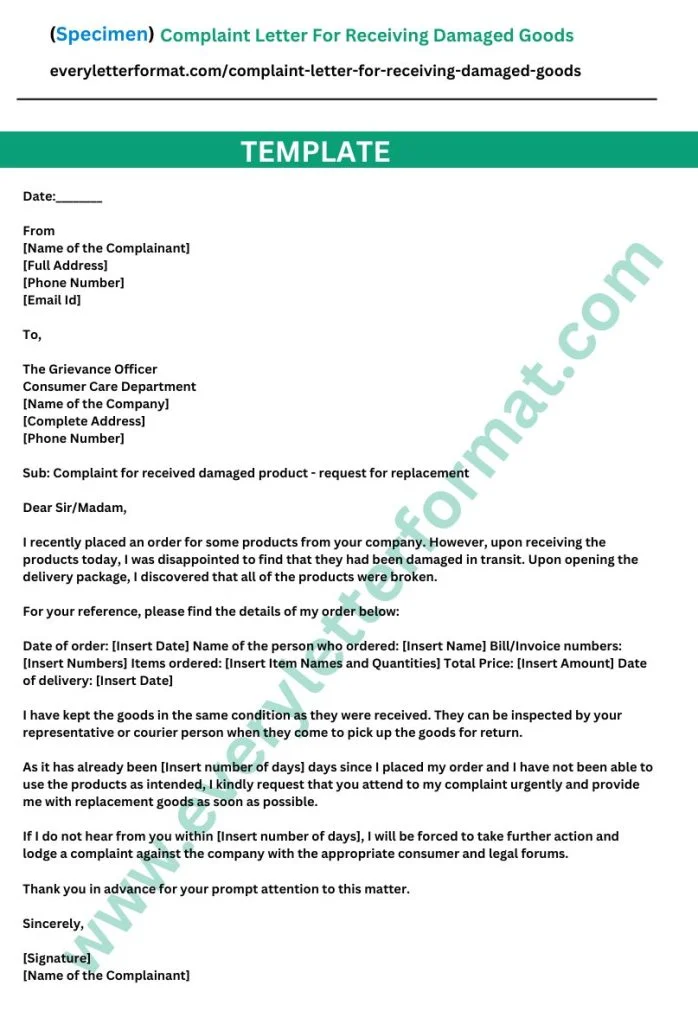 Complaint Letter For Receiving Damaged Goods