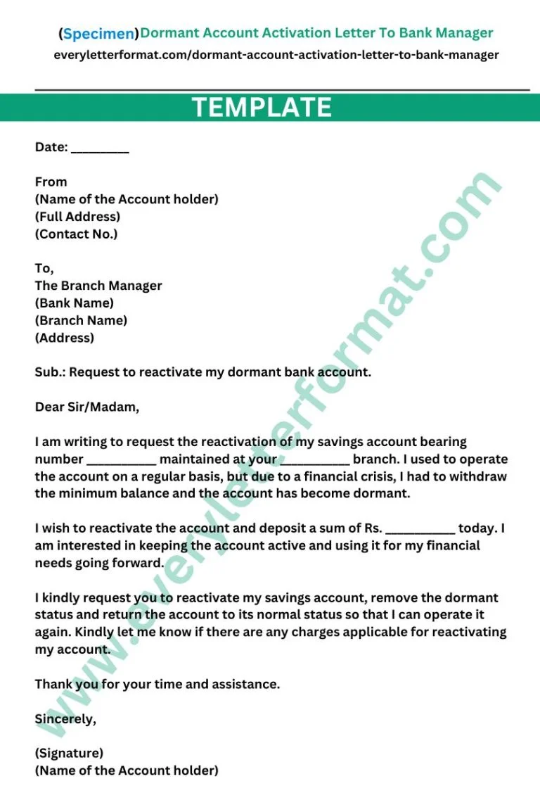 Dormant Account Activation Letter To Bank Manager