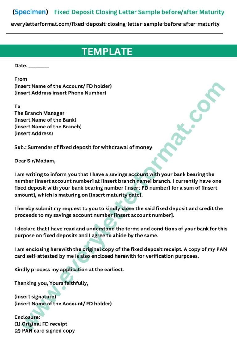 Fixed Deposit Closing Letter Sample before/after Maturity