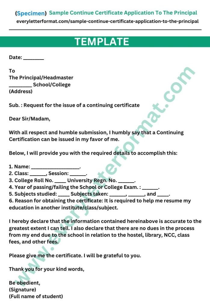 Sample Continue Certificate Application To The Principal