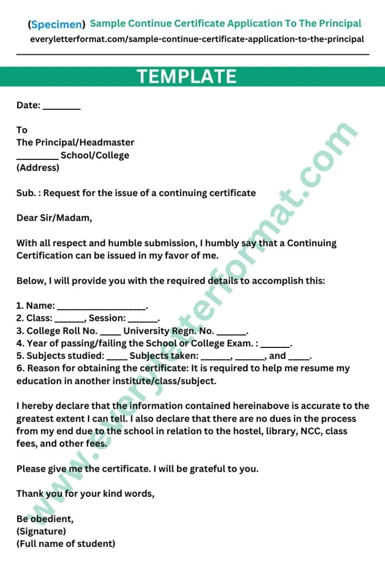 Sample Continue Certificate Application To The Principal