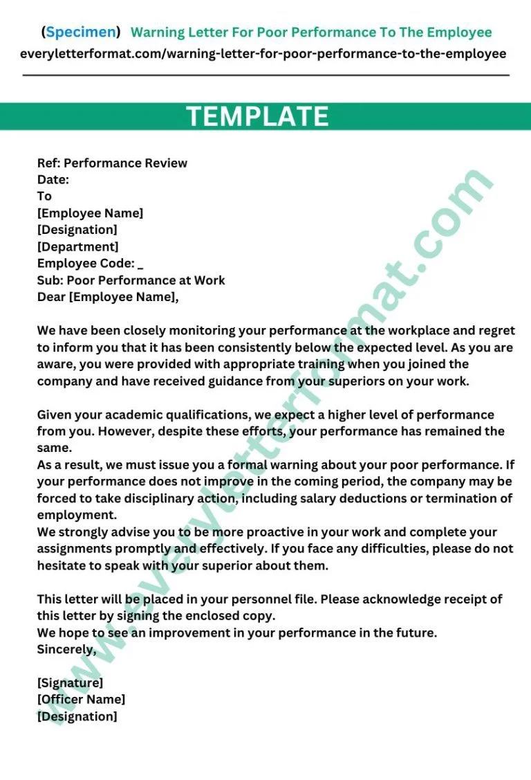 Warning Letter For Poor Performance To The Employee