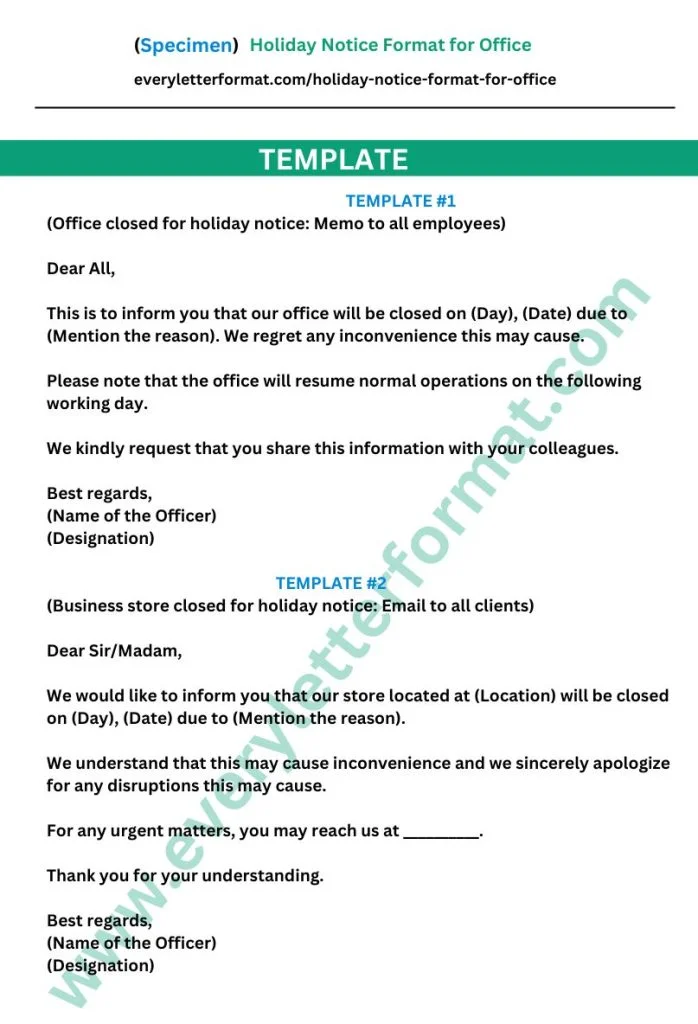 Holiday Notice Format for Office