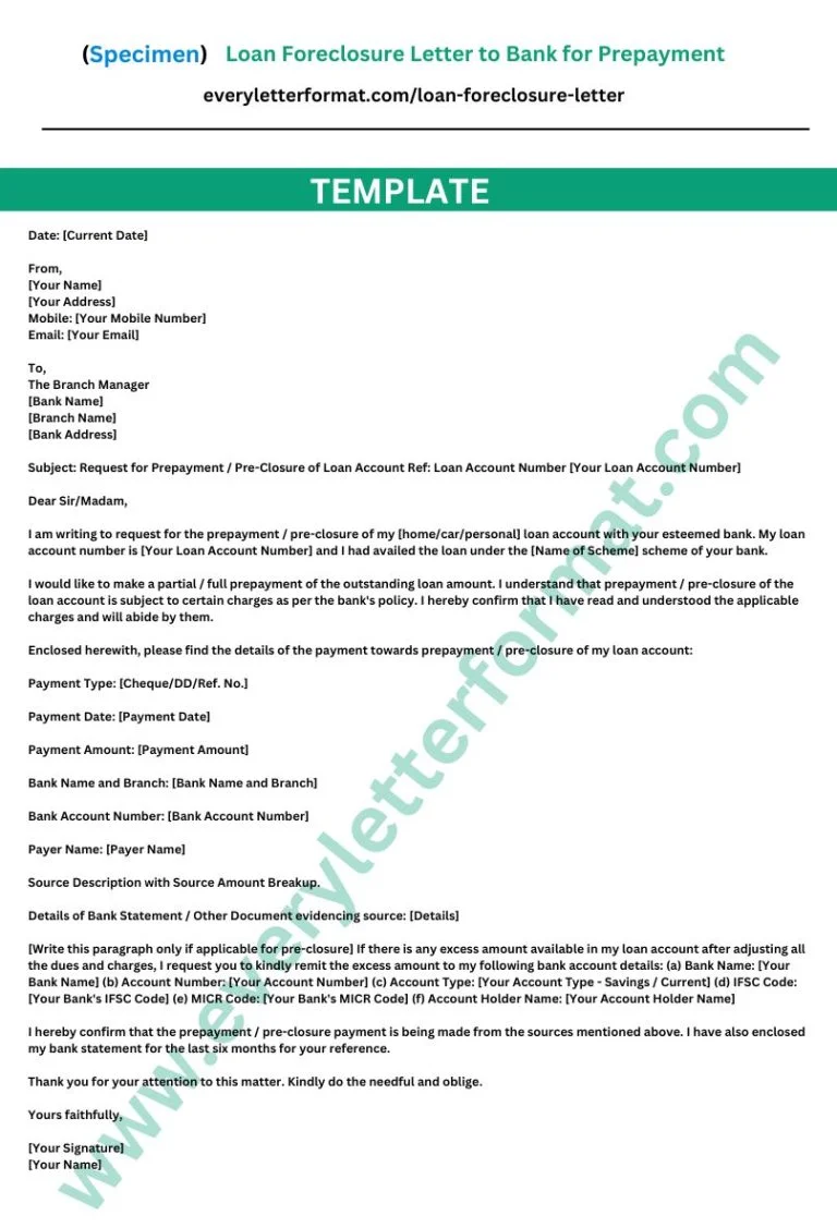 Loan Foreclosure Letter  to Bank for Prepayment 