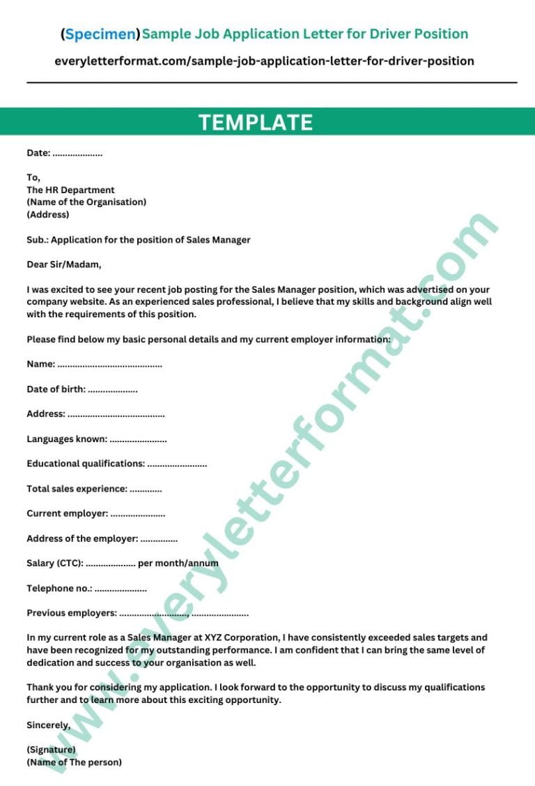 Sample Job Application Letter for Driver Position