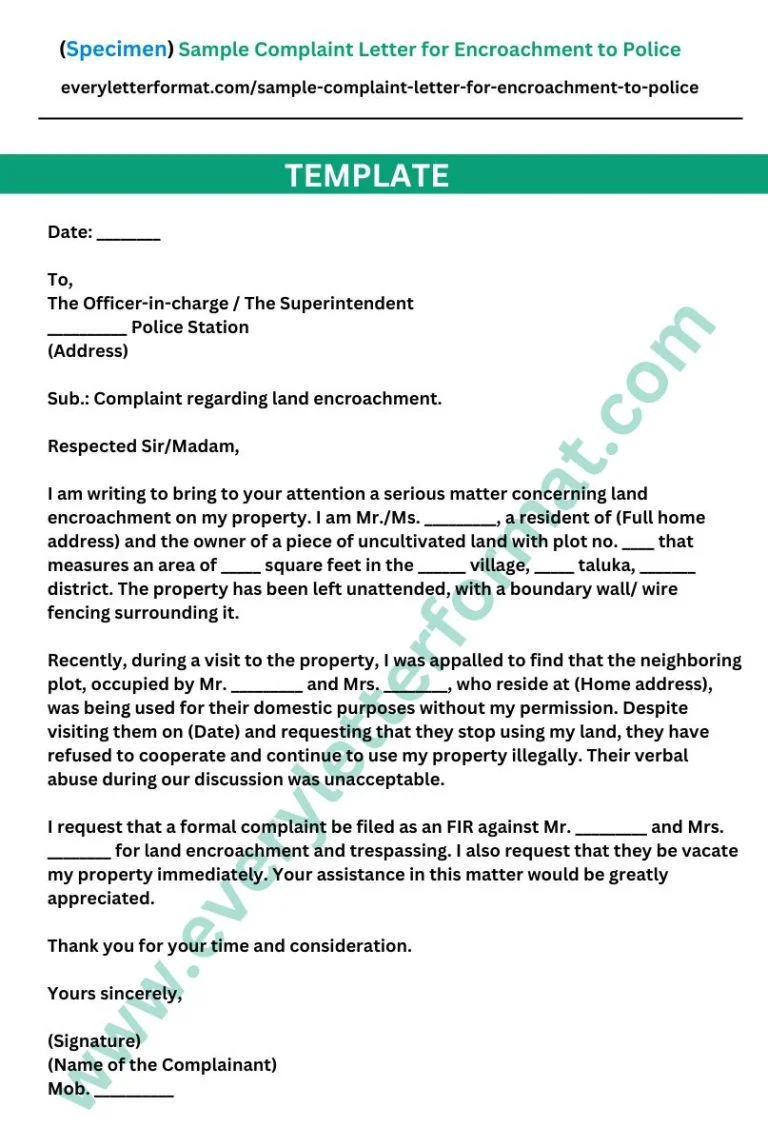 Sample Complaint Letter for Encroachment to Police