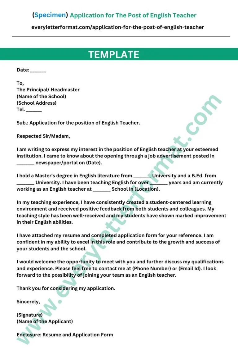 Application for The Post of English Teacher