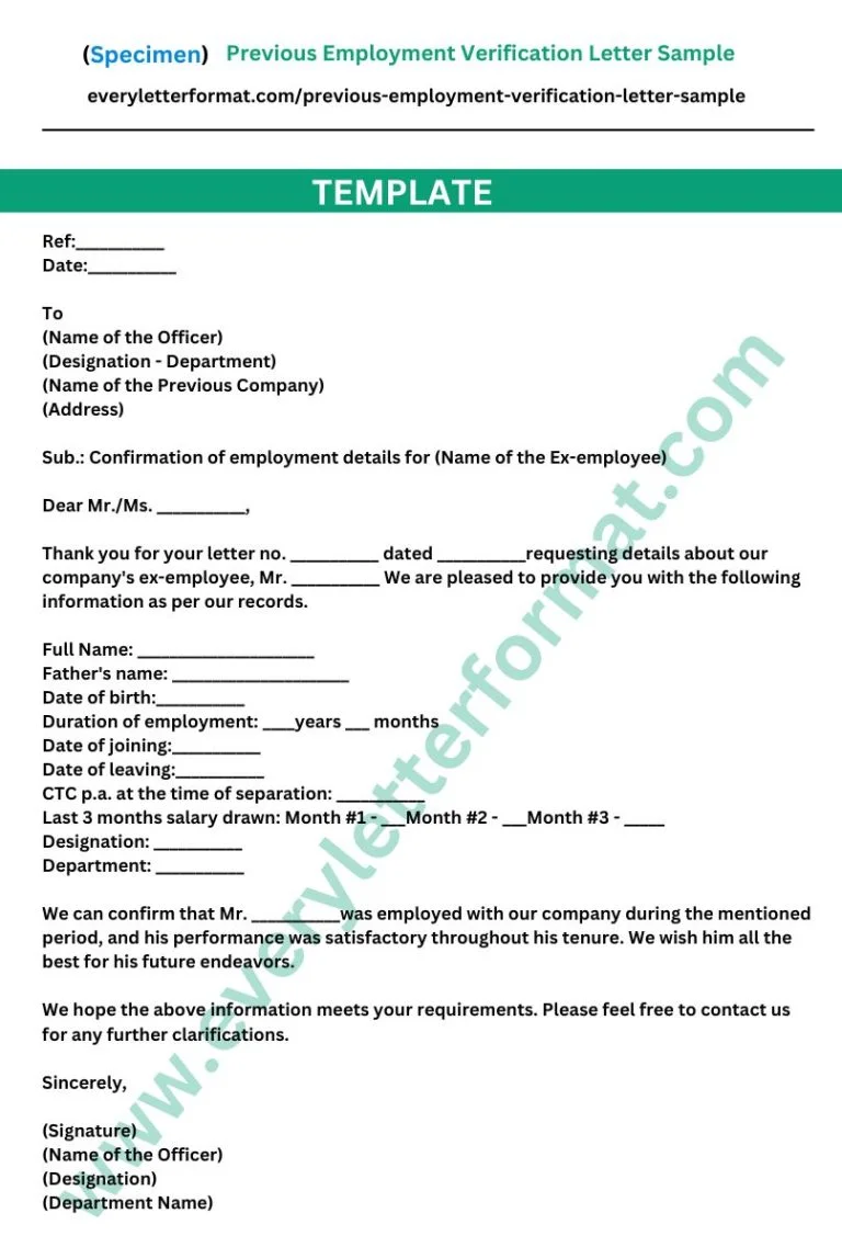 Previous Employment Verification Letter Sample