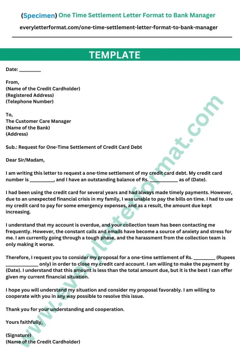 One Time Settlement Letter Format to Bank Manager