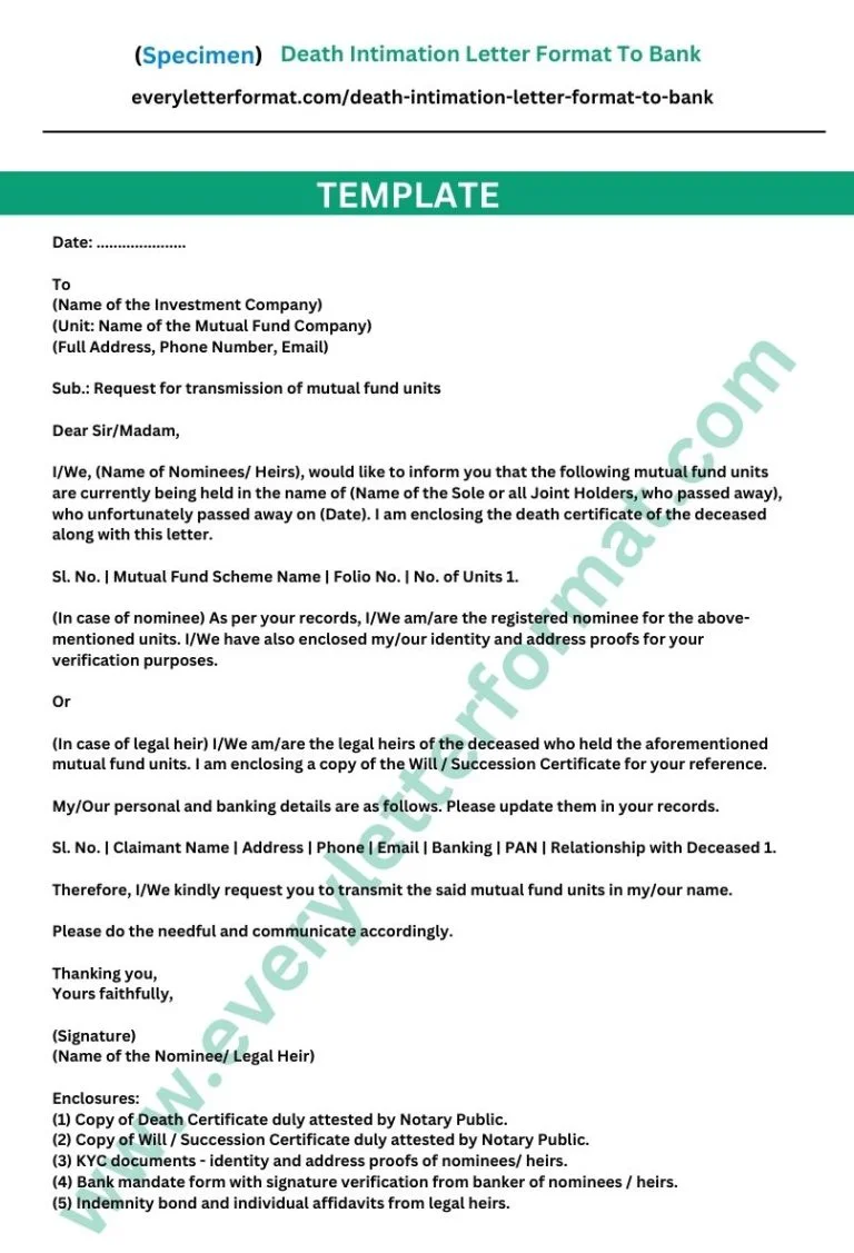 Death Intimation Letter Format To Bank