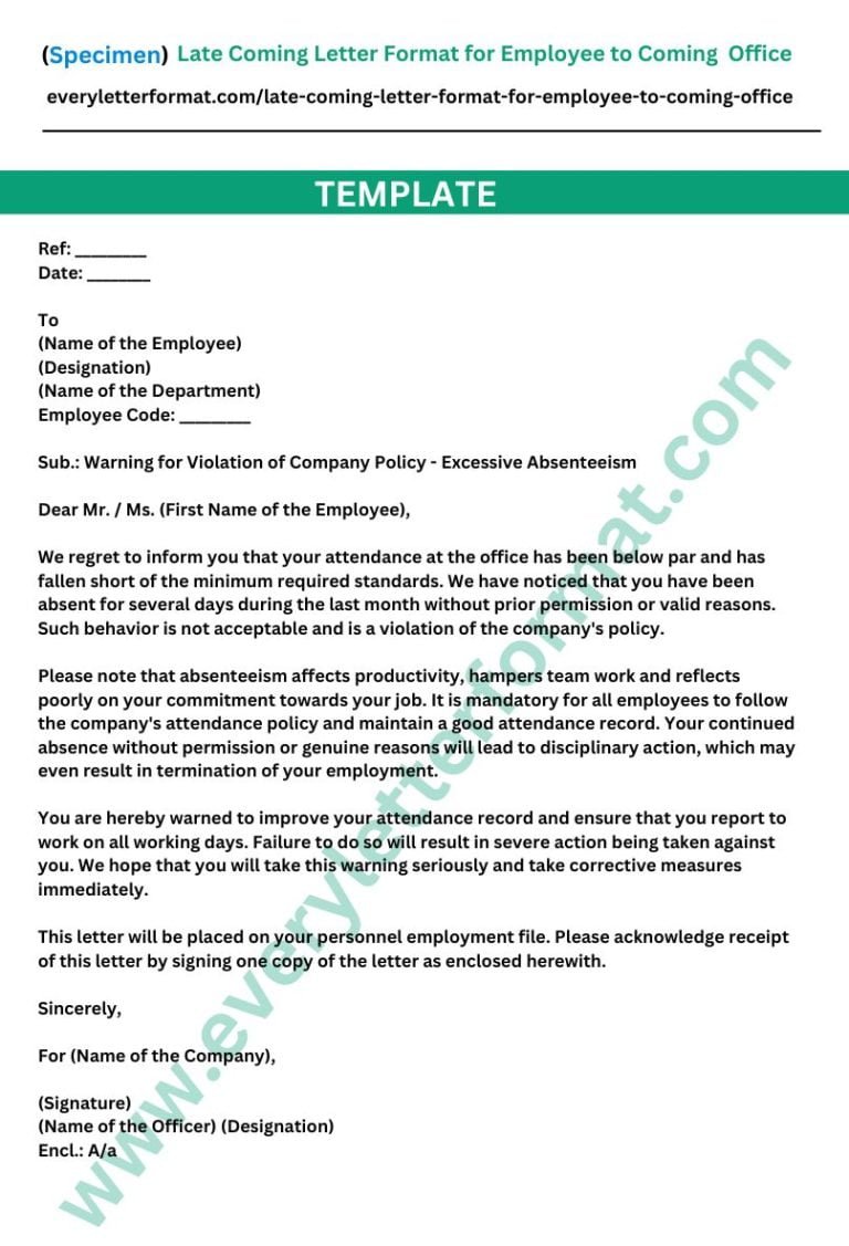 Late Coming Letter Format for Employee to Coming Office