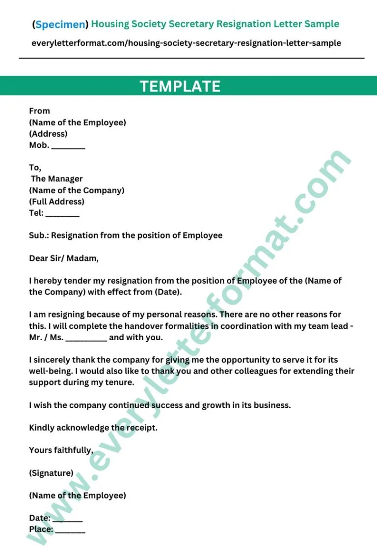 Housing Society Secretary Resignation Letter Sample