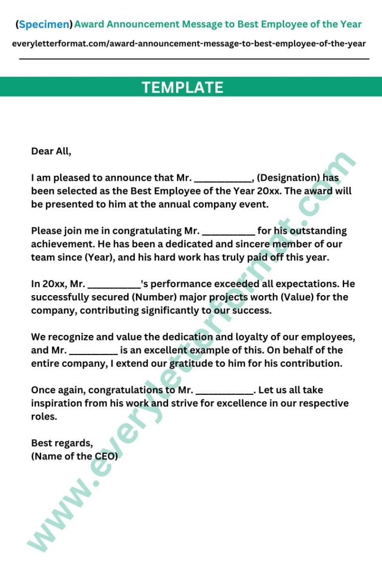 Award Announcement Message to Best Employee of the Year
